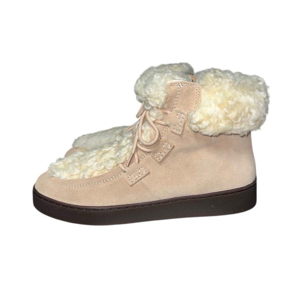 🌻NEW w/box Vionic Splendid Suede Faux Fur Ankle Boots Sand Lace-Up Comfort 7.5